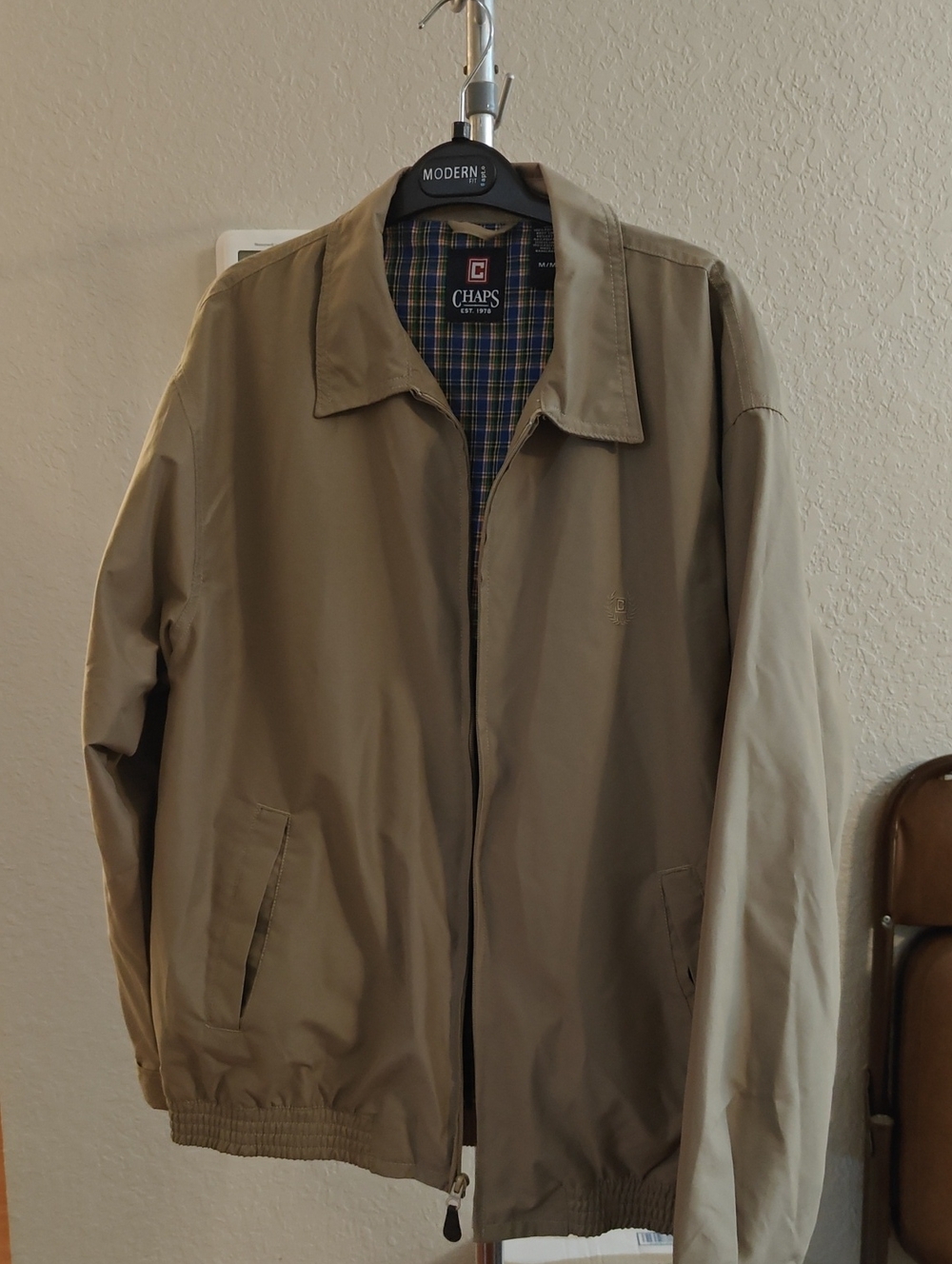 Chaps Men's Tan Bomber Jacket with Plaid Lining